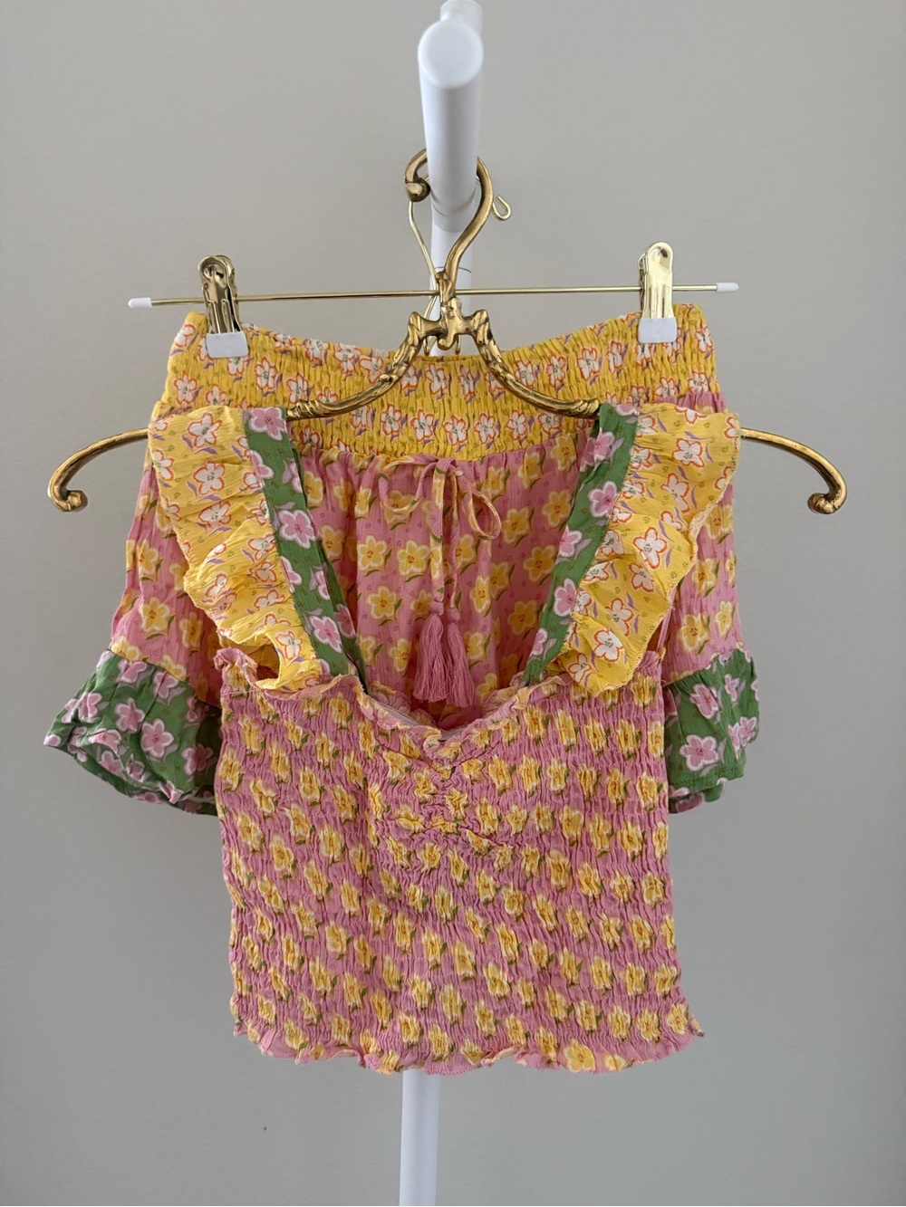 Salty Lemon 🍋 Floral Smocked Cropped Top & Ruffled Shorts Set in Pink and Yellow